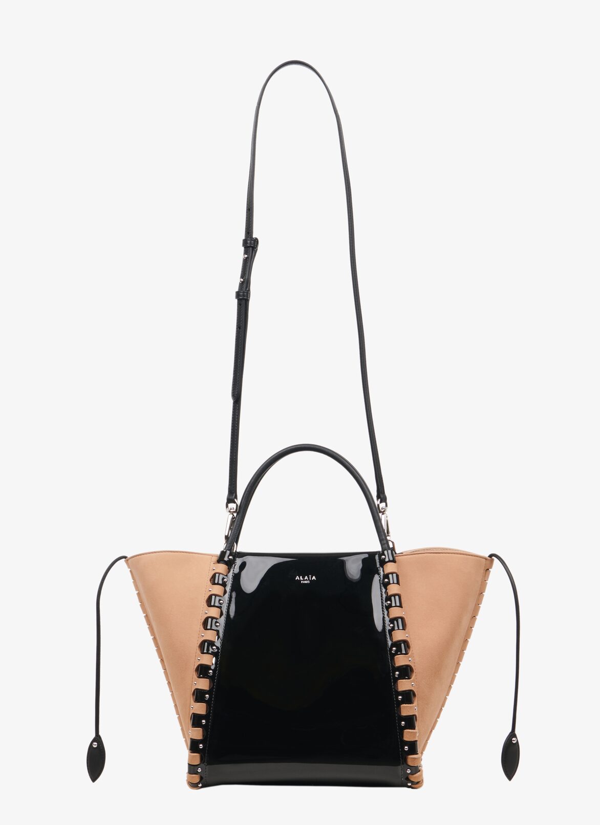 Small Hinge patent leather bag
 ALAÏA ANTIQUE PINK/BLACK SMALL HINGE PATENT LEATHER BAG
